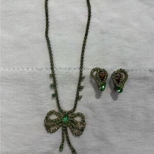 Vintage Green Bow Necklace and Earring Set